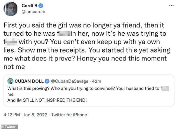Cardi B and Cuban Doll Exchange Tweets, Over Offset’s 2018 Cheating Scandal