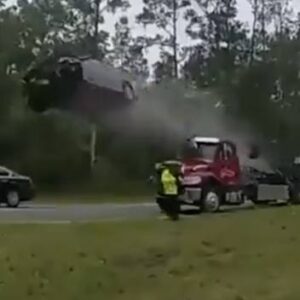 Car Launches 120 Feet in the Air After Driving at High Speed Onto Stopped Tow Truck